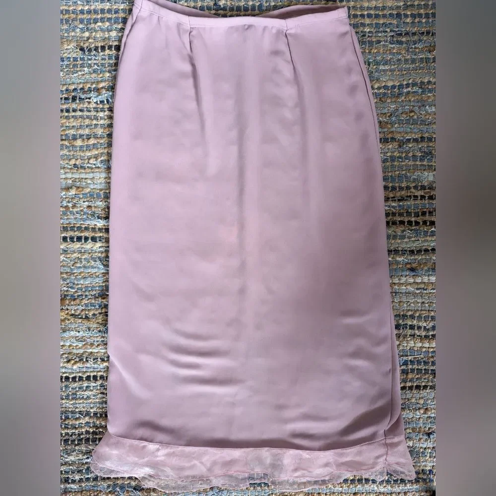 Vtg Dusty Pink Midi Skirt Organza Trim 8P Soft Girl Romantic Fairy Feminine